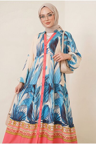 Modamorfo Φόρεμα βισκόζης με μισό κουμπί γιακά με ελαστικό μανίκι