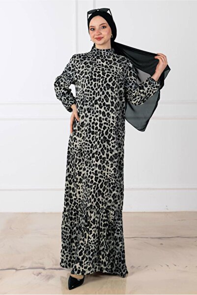 TRENDTESETTÜR KADIN SİYAH LEOPAR DESENLİ ELBİSE T 8529