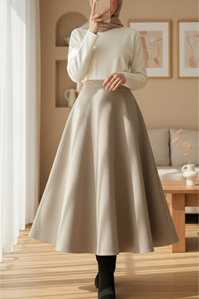 Modamorfo Zippered Cashmere Bell Skirt -Beige