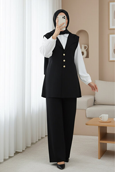 Modamorfo Γιλέκο με κουμπιά και λαιμόκοψη V, Παντελόνι, Πλεκτό Σετ - μαύρο