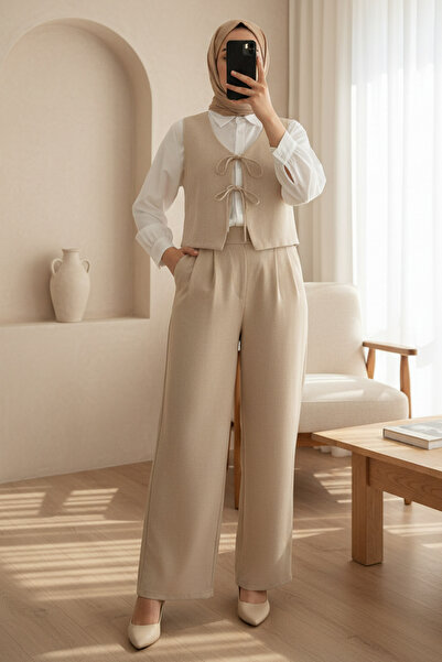 Modamorfo Παντελόνι με κορδόνια μπροστά, Γιλέκο, Λινό Σετ Δύο Τεμαχίων - βιζόν