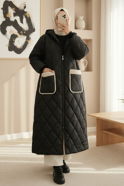 Modamorfo Pocketed Hooded Zippered Lined Long Quilted Coat - Black
