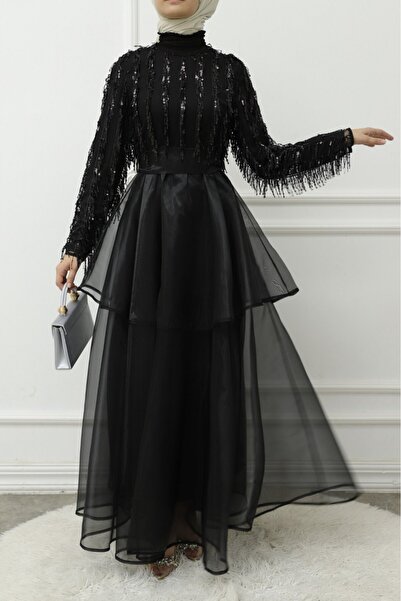 Modamorfo Βραδινό φόρεμα από τούλι με παγιέτες με ελαστική λαιμόκοψη και φύλλ...