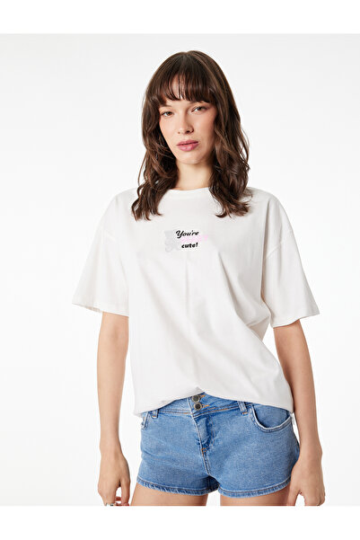 Koton Βαμβακερό μπλουζάκι με κοντό μανίκι με λαιμόκοψη με άνετη εφαρμογή