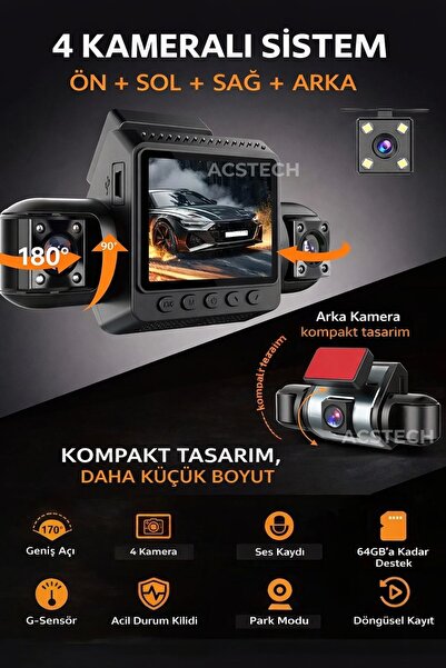 ACSTECH 4 Kameralı Araç İçi Kamera 1080P | WiFi | Gece Görüş | Park Modu | Ge...