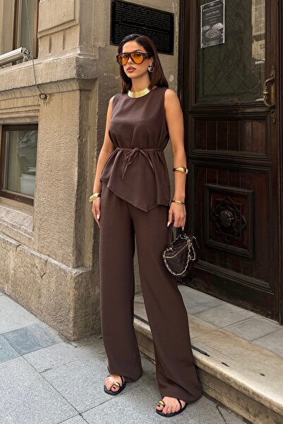 BEJNA Γυναικείο Καφέ Σετ Ασύμμετρης Κοπής Λινό Με υφή - Σετ Πάνω-Κάτω