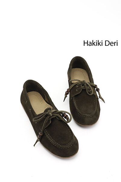 GÖNDERİ(R) Women's Green Suede Lace-Up Genuine Leather Comfort Shoes