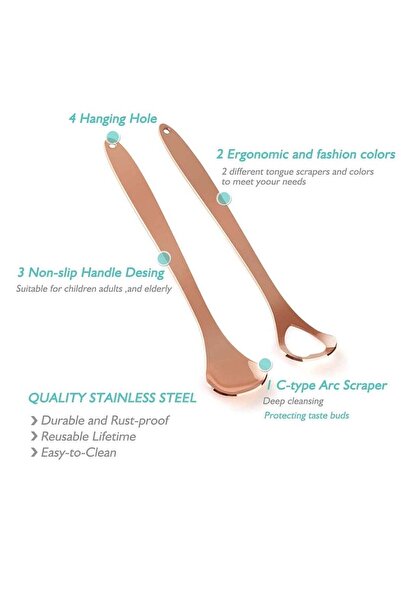 Arabest 2-Piece Medical Grade Metal Tongue Scraper Set,Stainless Steel,Rose Gold