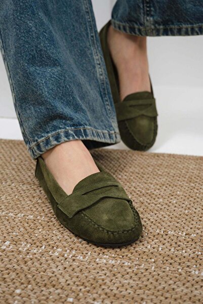 Mio Gusto Γυναικεία Loafer Παπούτσια Capri Γνήσια Suede Χακί Χρώμα