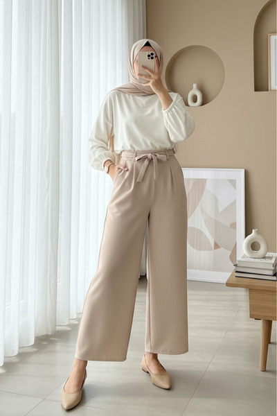 Modamorfo Elastic Waist Tied Wide Leg Trousers -Beige