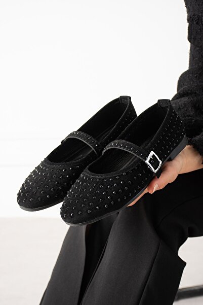 FUGA MODA Μπαλαρίνες Gemma με μαύρο σουέντ, κεντημένες με πέτρες, με αγκράφα ...