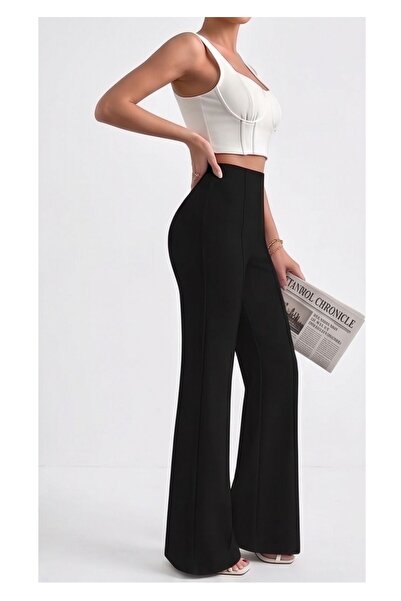 WAYS Kadın Siyah Nervürlü Bol Paça Dalgıç Pantolon Normal Bel Casual Günlük