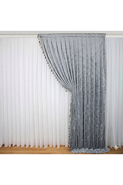 MebelPort Curtain Κουρτίνα σενίλ Φόντο ΔΙΠΛΟ ΦΟΥΝΤΟ με φούντες στην άκρη (δεξ...