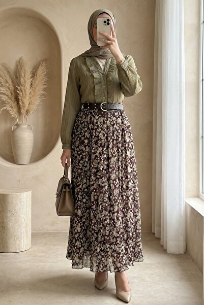 Modamorfo Fusta din șifon cu model floral, căptușită, cu curea groasă - kaki