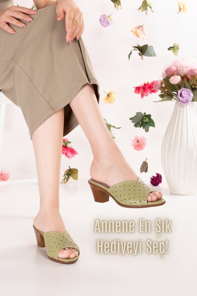 Gondol Women's Genuine Leather Heels Slipper Vdt.222 Khaki