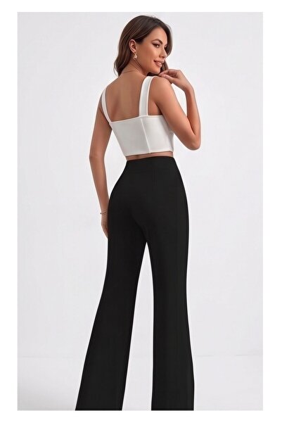 WAYS Kadın Siyah Nervürlü Bol Paça Dalgıç Pantolon Normal Bel Casual Günlük