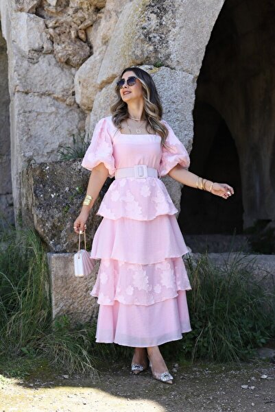 bytugcekaya Φόρεμα με ροζ μπαλόνι μανίκια και ζώνη