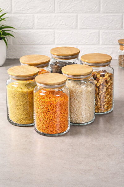 6-Piece Vacuum Glass Jar with Bamboo Lid - Spice Set 1000 ml