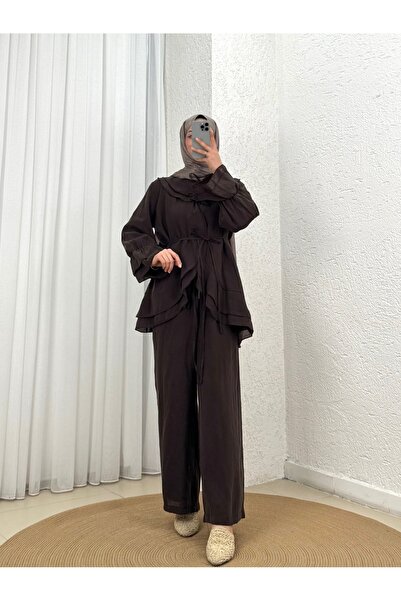 MİHRA STORE Σετ παντελονιού Rezzan με γιακά με βολάν και κορδόνια - ML2134 Καφέ