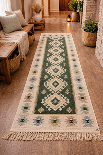 OEM Covor tradițional, dimensiune 100 x 300 cm, verde și crem, model ROMB