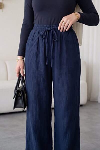 Modamorfo Παντελόνι μουσελίνας με ελαστική μέση, κορδόνια και φαρδιά μπατζάκι...