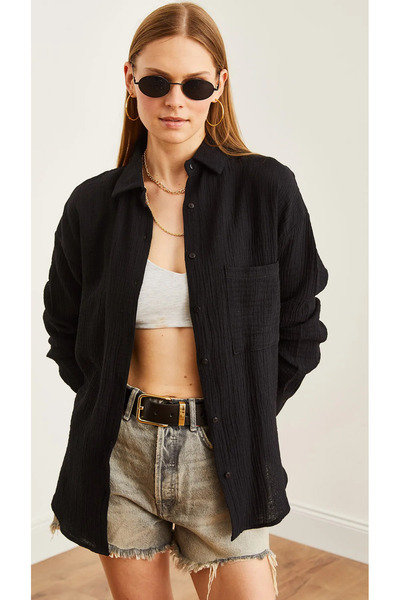 THIFF GYMWEAR Γυναικείο μαύρο oversize Basic Muslin πουκάμισο με τσέπες