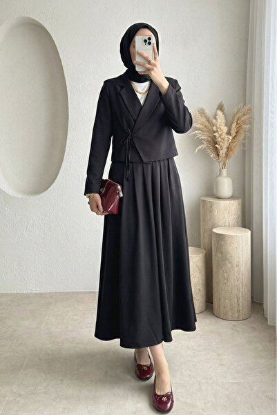 Modamorfo Σετ δύο τεμαχίων με φούστα και σακάκι με δέσιμο μπροστά - μαύρο