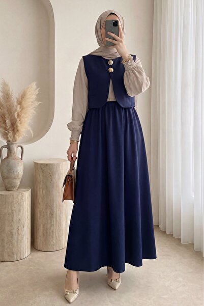 Modamorfo Elastic Waist Half-Buttoned Zra Cupra Vest Dress Set -navy