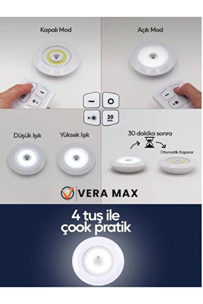 Genel Markalar 3 Lü Kumandalı Yapışkanlı Kablosuz Pilli Led Spot Lamba Işıldak 313040