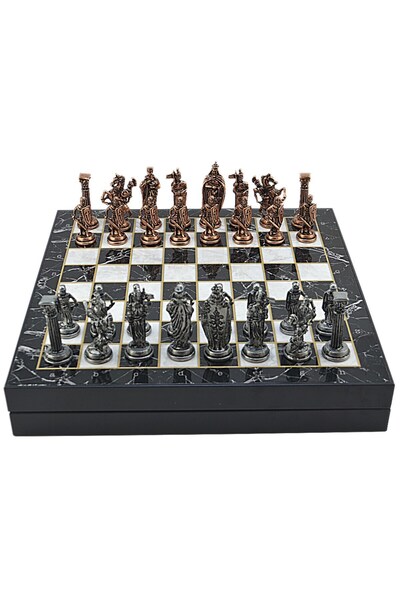 Gift Home Gifthome Büyük Boy Metal Ingiliz Satranç Takımı Antik Ve Mermer Des...
