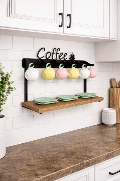 Arencraft Kahve köşesi standı / 6'lı fincan askılığı / Coffee yazılı tek rafl...