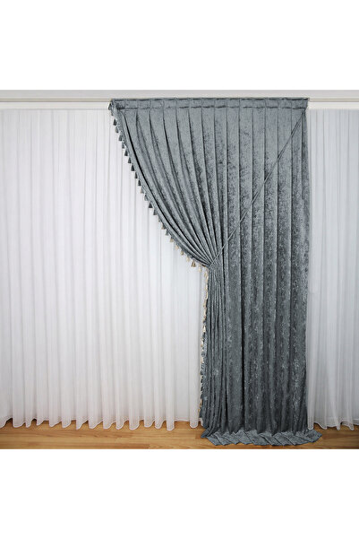 MebelPort Curtain Κουρτίνα σενίλ Φόντο ΔΙΠΛΟ ΦΟΥΝΤΟ με φούντες στην άκρη (δεξ...