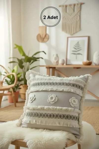 NDC HOME Λινό Κρεμ Μαξιλάρι Ριχτάρι με Χοντρές Δαντελένιες Φούντες και Μοτίφ ...