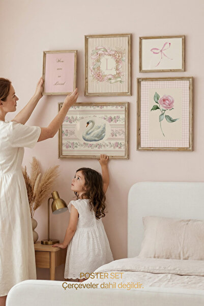 leilart Pembe Vintage Çocuk Odası Duvar Tablosu Seti Çiçek Kuğu ve Harfli Dek...