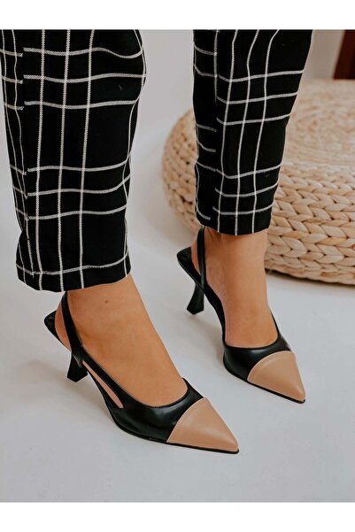 ERVANIN BUTİĞİ Black Nude Leather (Jake) Skeleton Detail Women's Open Stiletto