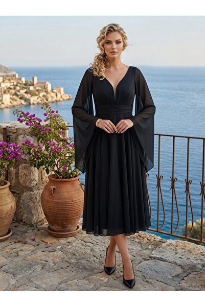 FaBe Fashion Uzun Volan Kollu Kalp Yaka Beli  Büzgülü Midi  Beyaz Şifon Elbis...