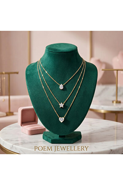 POEM JEWELLERY Paslanmaz Çelik 18K Altın ve Rodyum Kaplama Zirkon Taşlı 3'lü ...