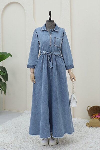 Modamorfo Τζιν φόρεμα με μισό φερμουάρ, δεμένη μέση και τσέπες - Μπλε χρώμα π...
