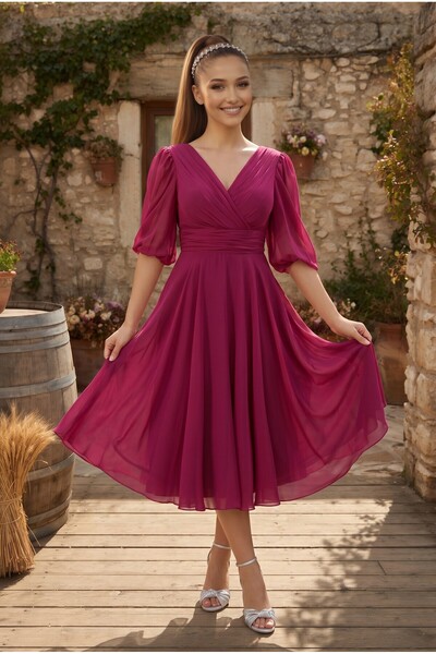 FaBe Fashion DİRSEK KOLLU KOL UCU LASTİKLİ KRUVAZE YAKA MİDİ ŞİFON NİKAH NİŞA...