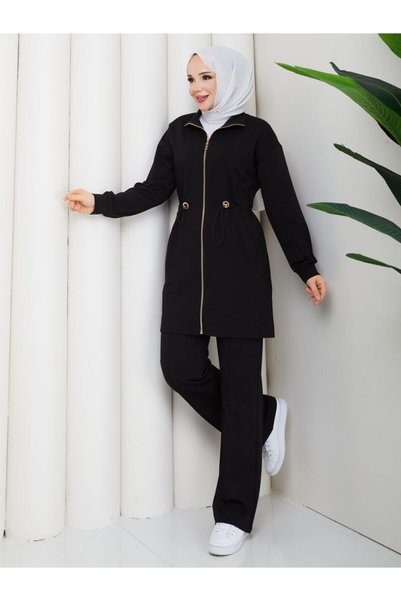 moda4b Women's 2-Piece Tracksuit Set Two-Thread Cotton Zipper Casual N-05512 _ Black