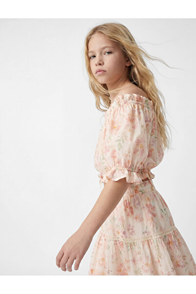 Koton Βαμβακερή μπλούζα με βολάν στους ώμους, λεπτομερής κοντομάνικη φλοράλ μ...