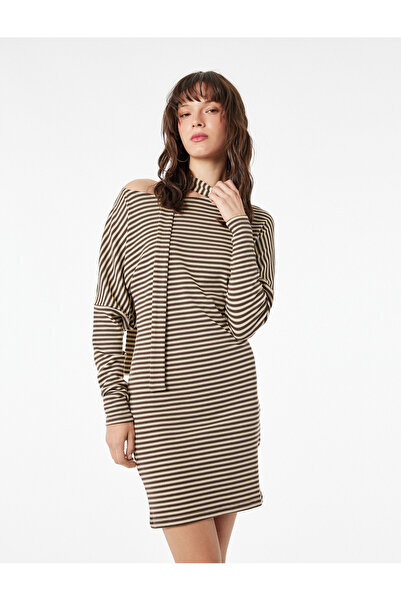 Koton Viscose Tie Detail Striped Boat Neck Long Sleeve Mini Dress