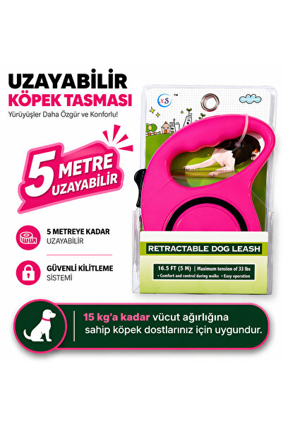 genel tr Köpek gezdirme tasması 5 mt. makaralı otomatik pembe XS/S boyutlarda...