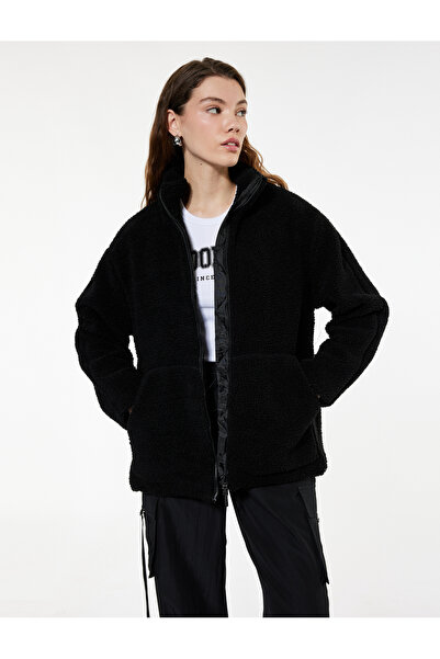 Koton Μακρυμάνικο παλτό με φερμουάρ και ψηλό γιακά, βελούδινο παλτό oversize