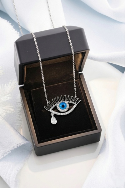ÇEKİRDEK JEWELRY 925 Ayar Gümüş Rodyum Renk Nazar Göz Kolye | Zirkon Taşlı Şı...