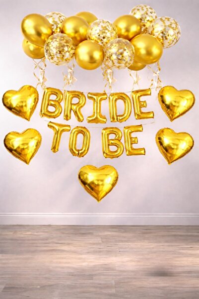 Patladı Gitti Bride To Be Gold Folyo Balon Seti, 5 Adet Kalp Folyo ve Lateks ...