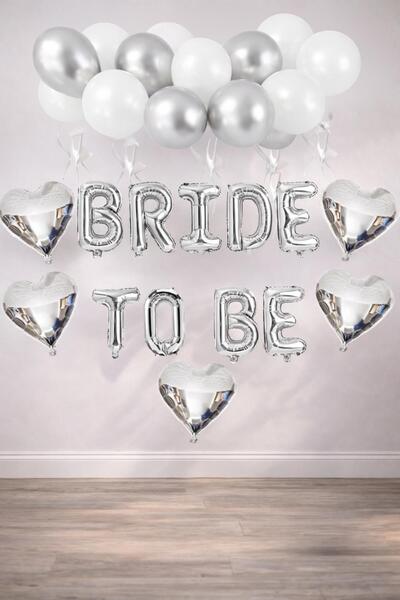 Patladı Gitti Bride To Be Gümüş Folyo Balon Seti, 5 Adet Kalp Folyo ve Lateks...