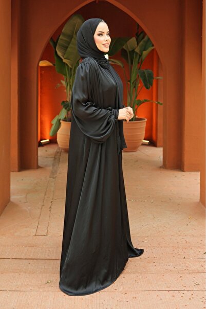 Modamorfo Σετ 3 τεμαχίων Crinkle Silk Satin Abaya - μαύρο