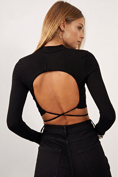 NEW JOURNAL Γυναικεία μαύρη μπλούζα με κορδόνια και ανοιχτή πλάτη APP1131