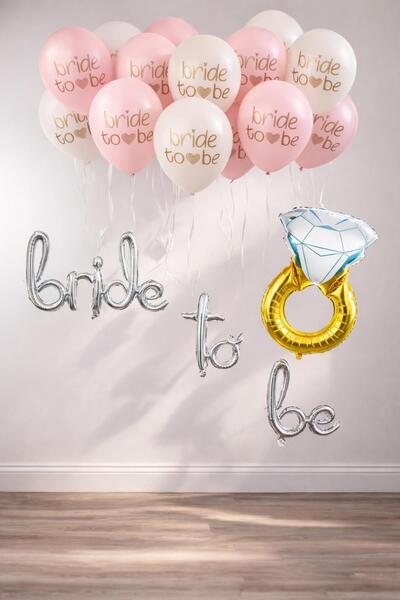 Patladı Gitti Bride To Be Balon Set; Baskılı Balon, Gümüş Folyo ve Tek Taş Yüzük